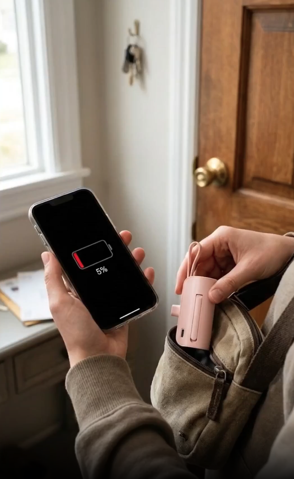 Mão segurando um celular com 5% de bateria e um power bank rosa